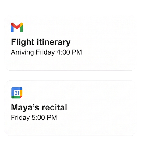 Illustrative Gmail request and proposed Calendar event; not a Jo product screenshot.
