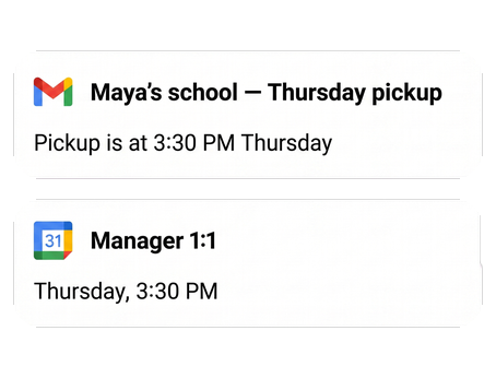 Illustrative Gmail and Calendar email-to-calendar handoff; not a Jo product screenshot.