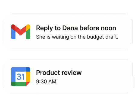 Illustrative Gmail and Calendar sources for a first useful morning briefing; not a Jo product screenshot.