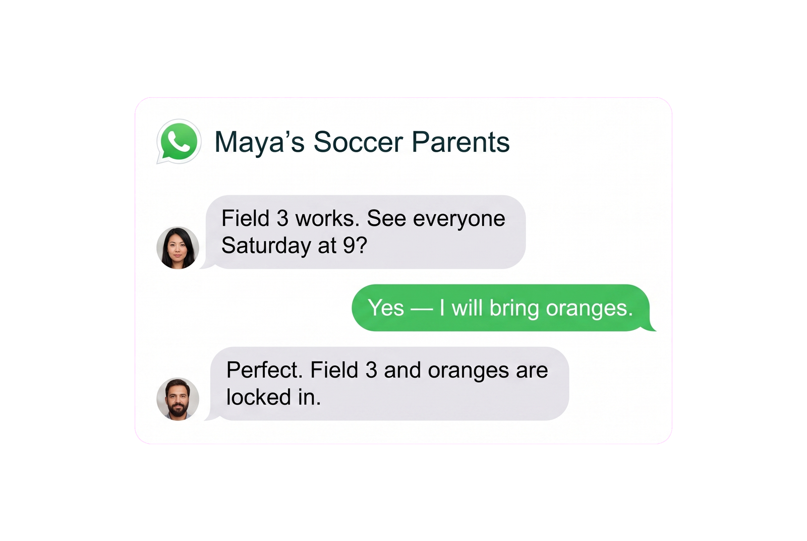 Illustrative WhatsApp source excerpt for Maya's soccer plan.