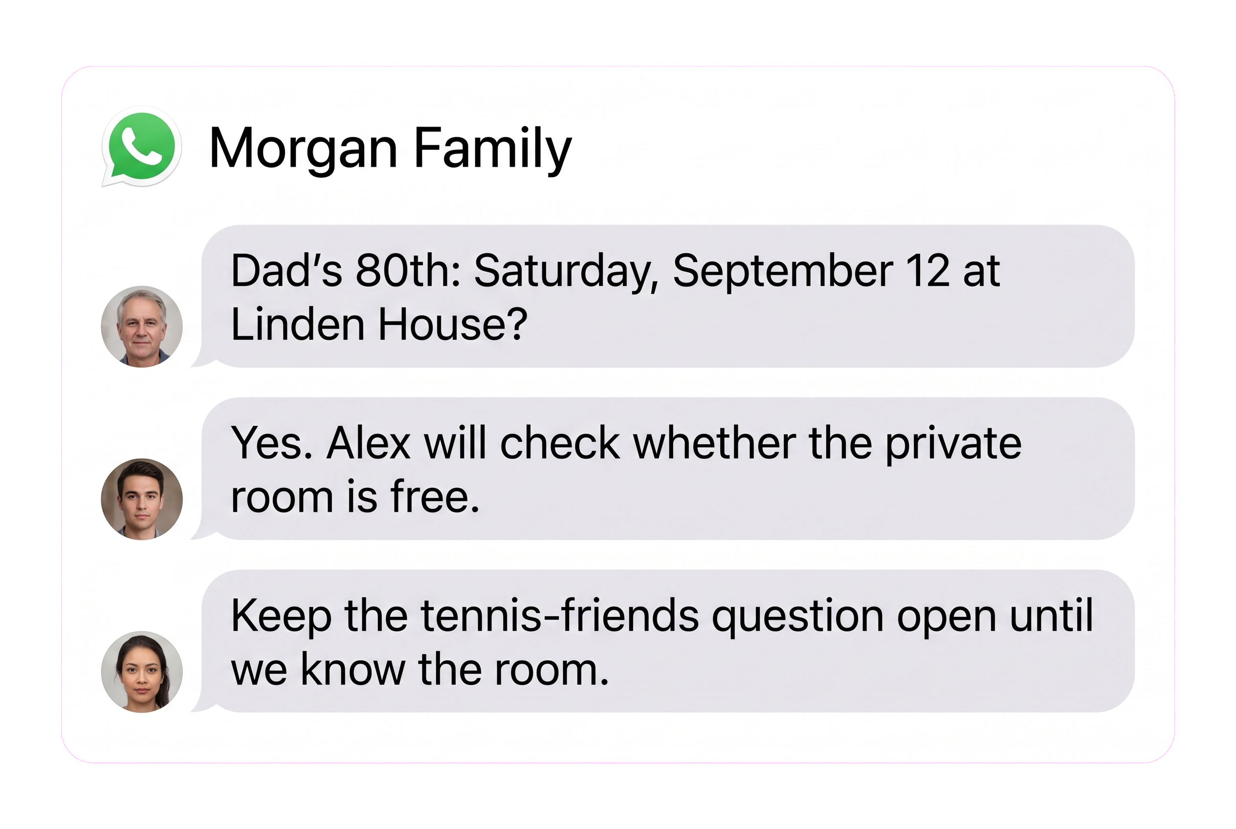 Illustrative WhatsApp source excerpt for Dad's 80th planning.