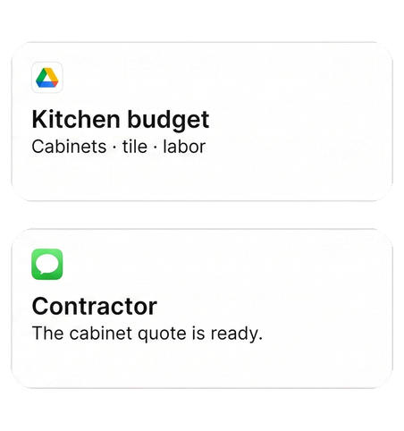 Illustrative kitchen-budget document and contractor-message sources; not a Jo product screenshot.