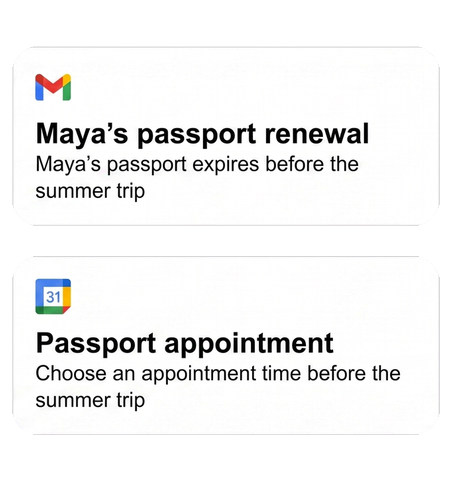 Illustrative passport-renewal Gmail and Calendar sources; not a Jo product screenshot.
